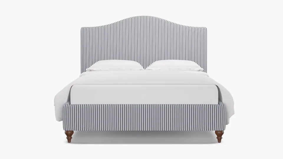 Camelback Bed, Black Classic Ticking Stripe, Walnut Traditional Turned Leg, Queen