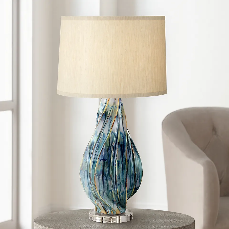 Possini Euro Teresa 31"  Teal Drip Modern Ceramic Lamp with Dimmer