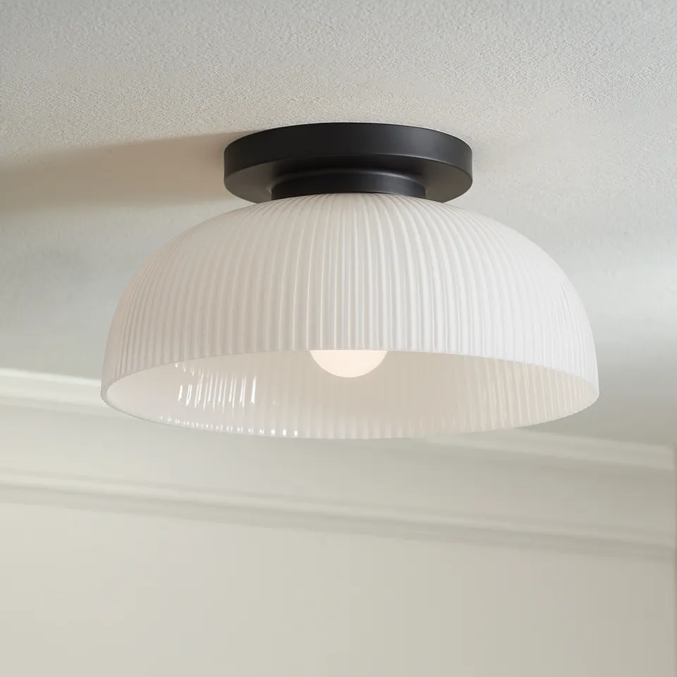 Possini Euro Novia 14"W Black and Fluted Glass Ceiling Light