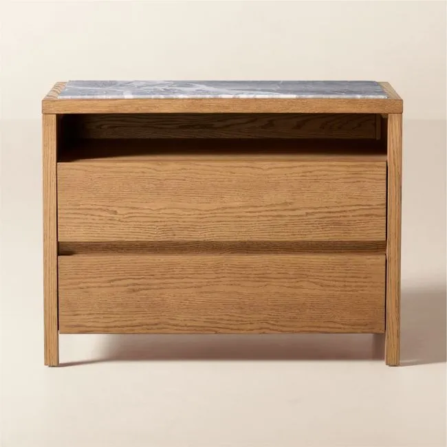 Welton 32" Oak 2-Drawer Nightstand with Grey Marble Top