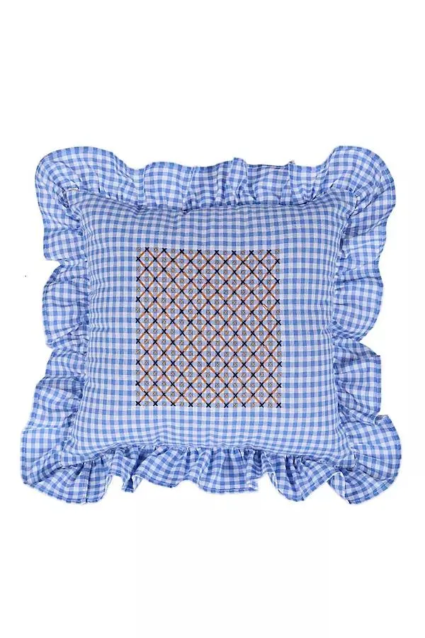 Embroidered Gingham Ruffle Pillow