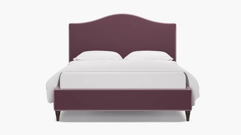 Camelback Bed, Lavender Performance Plush Velvet, Espresso Decorative Tapered Leg, Twin
