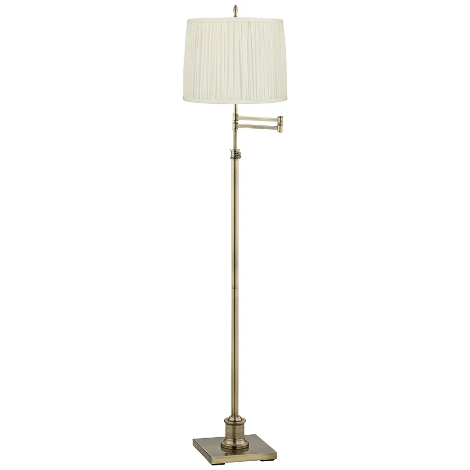 Westbury Antique Brass Swing Arm Floor Lamp with White Pleated Shade