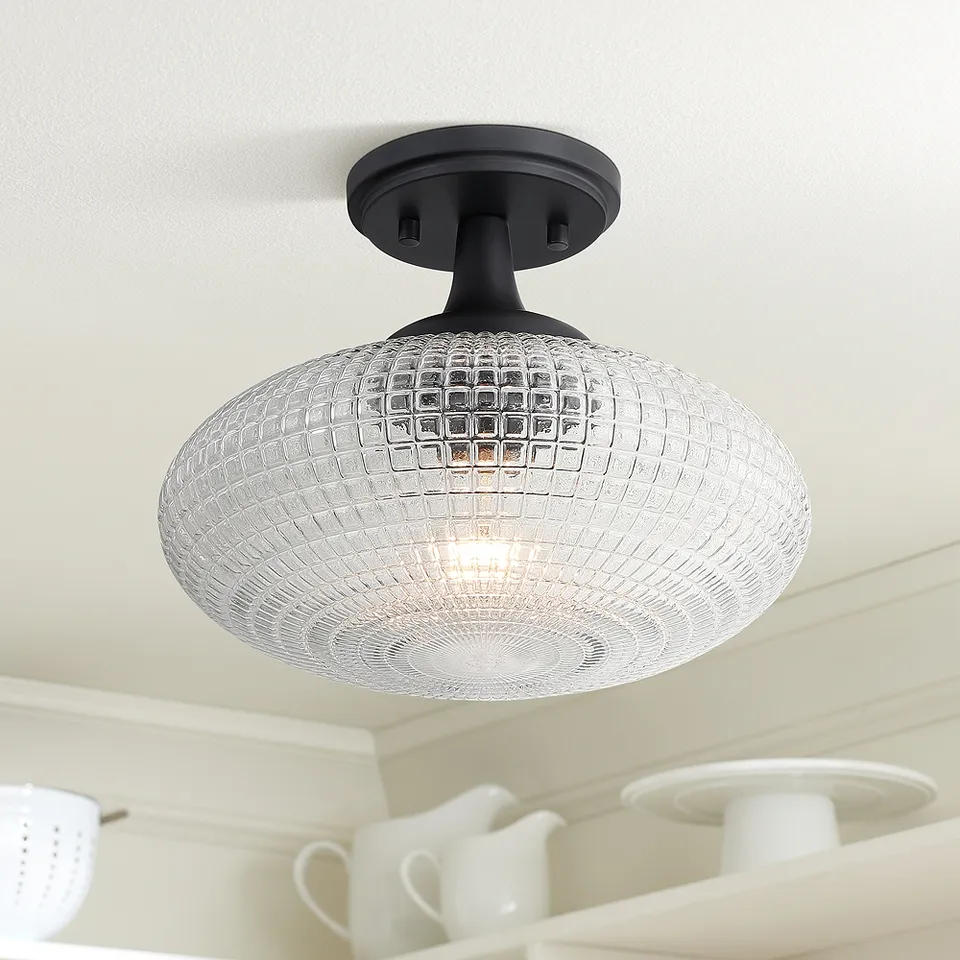 Possini Euro Voltri 12"W Matte Black and Vintage Glass Ceiling Light