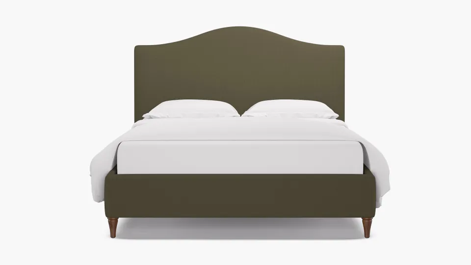 Camelback Bed, Olive Everyday Linen, Walnut Decorative Tapered Leg, Twin
