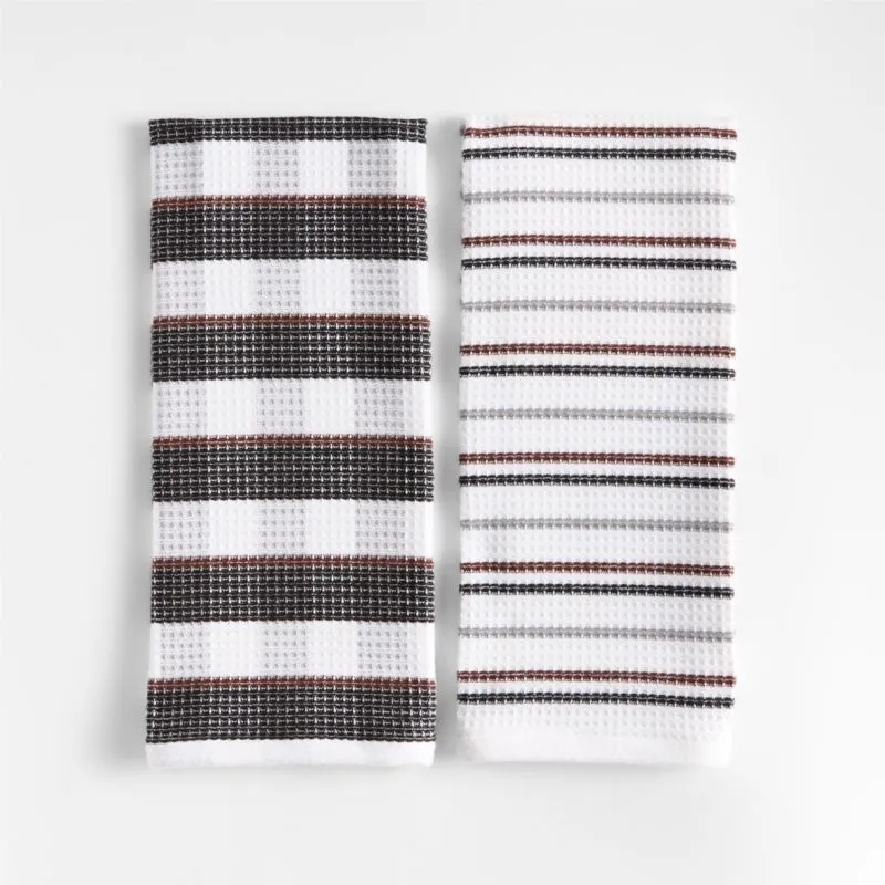 Waffle-Terry Plaid & Stripe Black Organic Cotton Kitchen Towels, Set of 2
