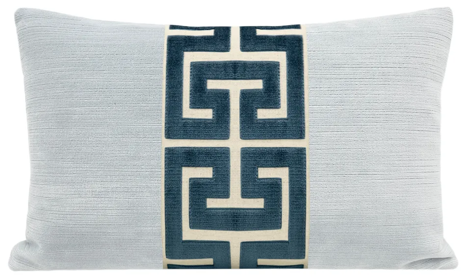 THE LITTLE LUMBAR :: STRIE VELVET // MIST + NAVY BLUE GREEK TRIM - LITTLE LUMBAR 12" X 18"