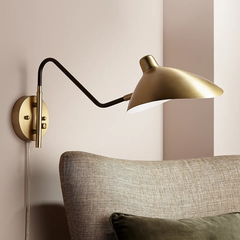 360 Lighting Colborne Brass and Bronze Swing Arm Modern Plug-In Wall Lamp