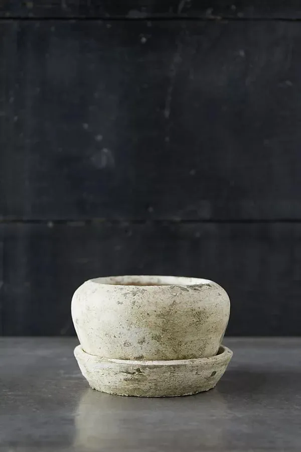 Earth Fired Clay White Curve Pots + Saucers, 2 Sizes Set