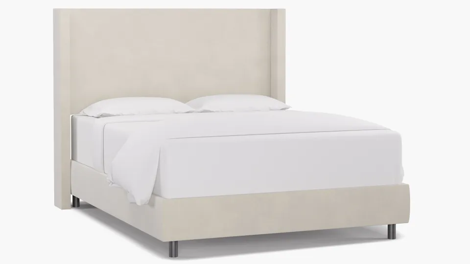 Modern Wingback Bed, White Performance Velvet, Queen