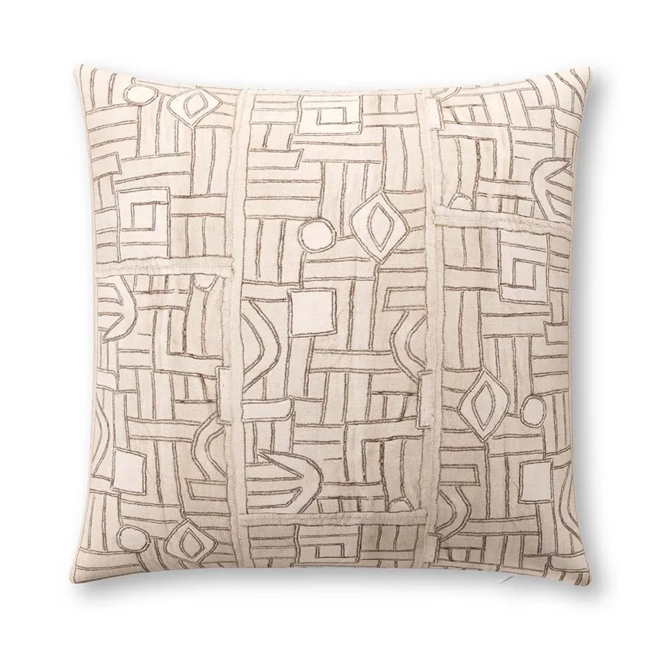 Ecru Maze Kuba Cloth Outdoor Pillow by St. Frank | Brown | 26" W x 26" H | Polyester