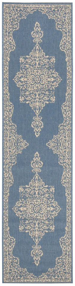 Arlo Home Indoor/Outdoor Woven Area Rug, LND180N, Cream/Blue,  2' X 8'