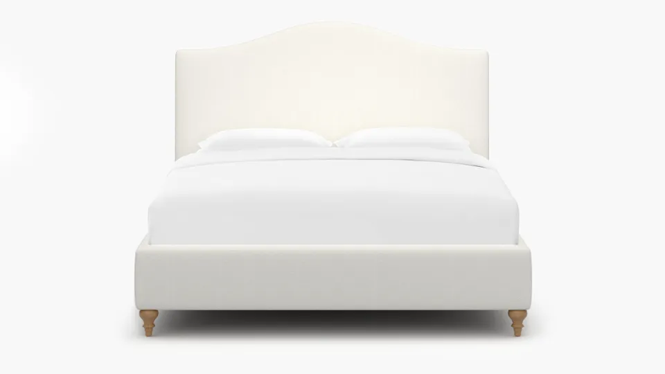 Camelback Bed, Snow Boucle, Natural Traditional Turned Leg, King