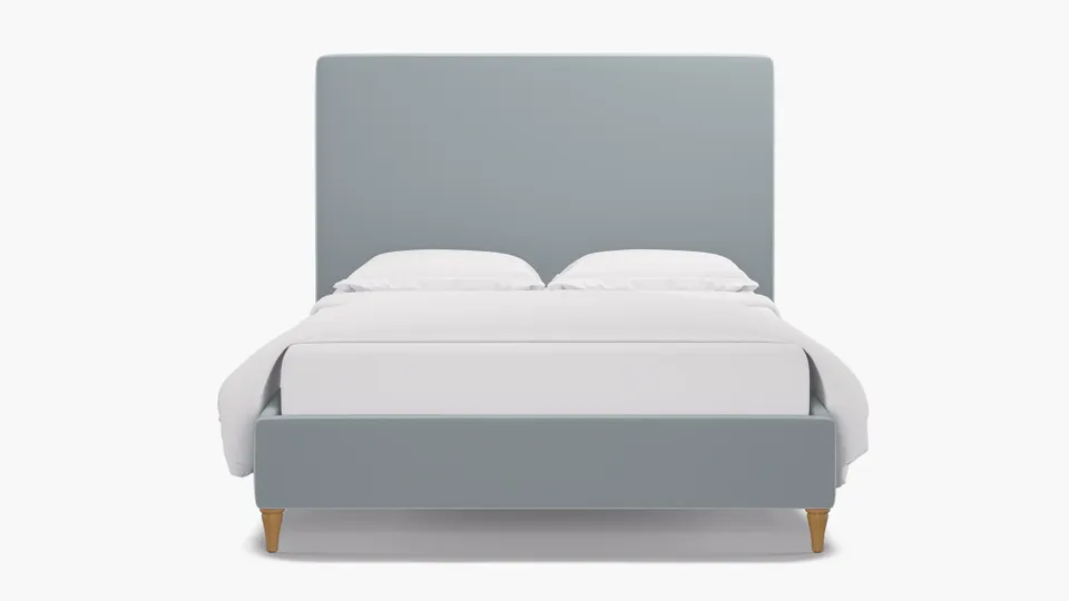 Classic Bed, Sterling Performance Velvet, Walnut Decorative Tapered Leg, Queen