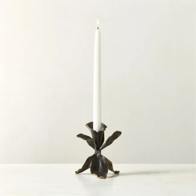 Iris Blackened Brass Taper Candle Holder Small