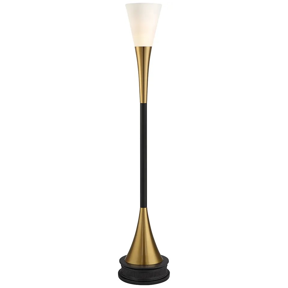 Possini Euro Piazza Brass and Black Torchiere Floor Lamp with Black Riser