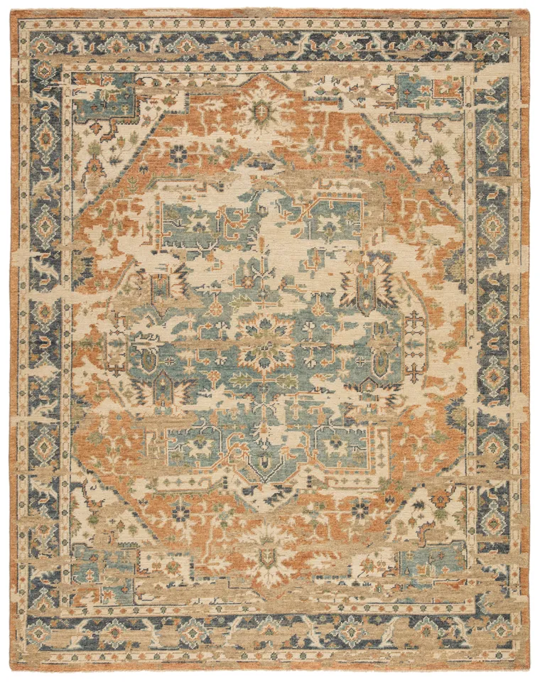 Cadenza Hand-Knotted Medallion Orange/ Blue Area Rug (10'X14')