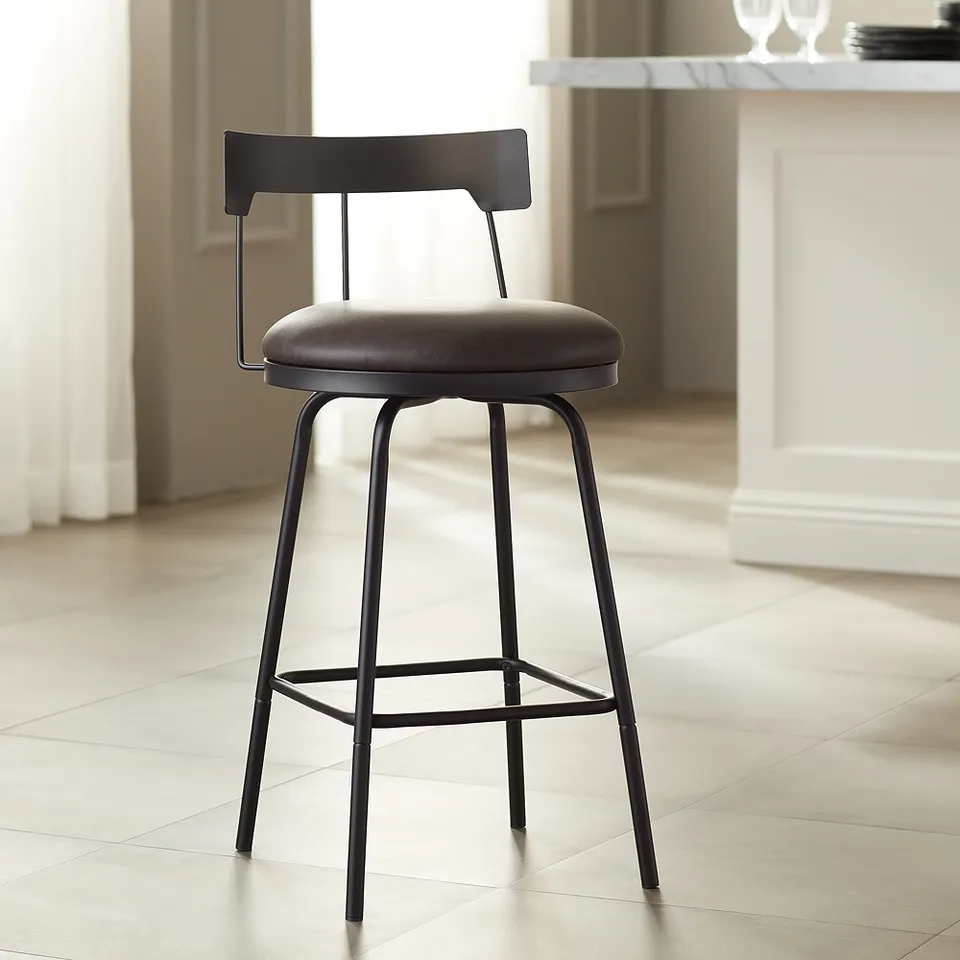 Damari Matte Black Metal and Leather Swivel Counter Stool
