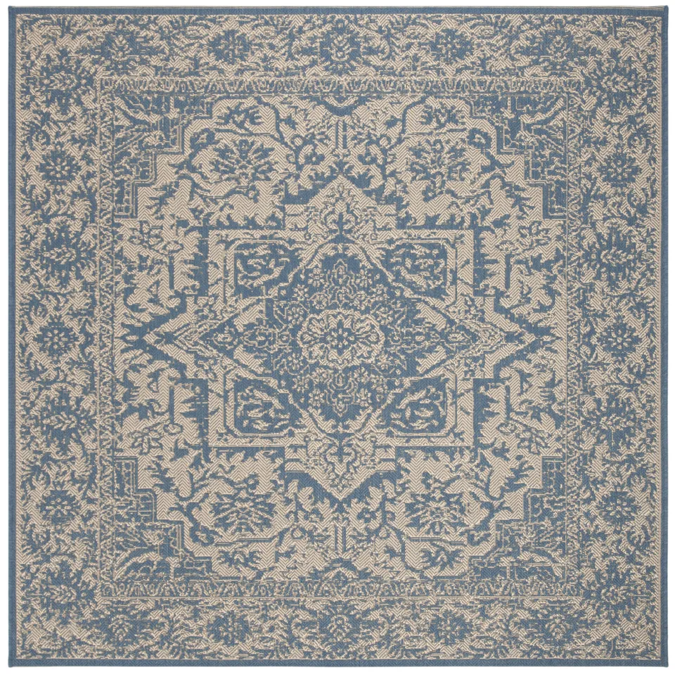 Arlo Home Indoor/Outdoor Woven Area Rug, LND139N, Cream/Blue,  6' 7" X 6' 7" Square