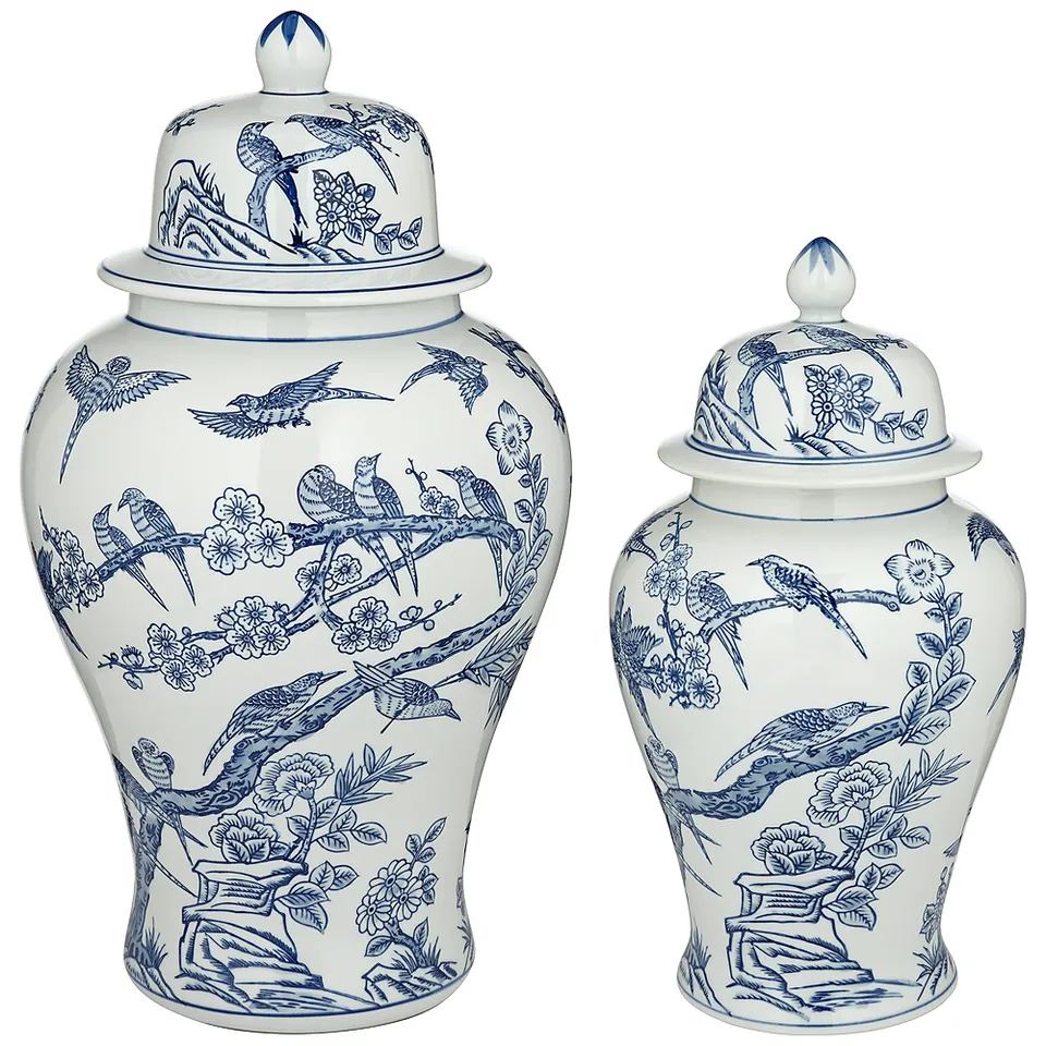 Heather Blue and White Ceramic Ginger Jars Set of 2