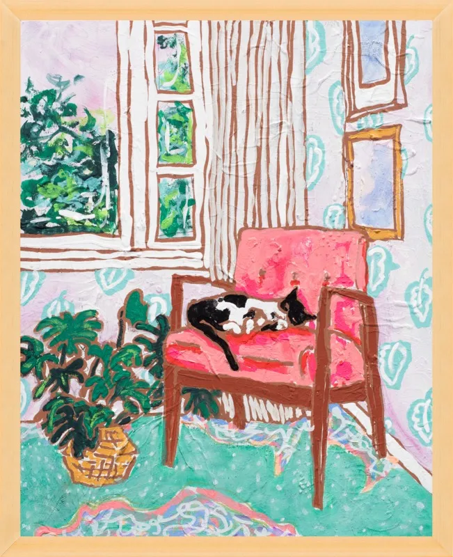 Cat Nap: Tuxedo Cat Napping in Mid-Century Chair by Lara Lee Meintjes for Artfully Walls