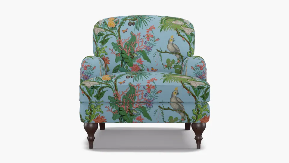 English Roll Arm Chair, Sky Cinque Terra, Espresso Turned Wood Leg
