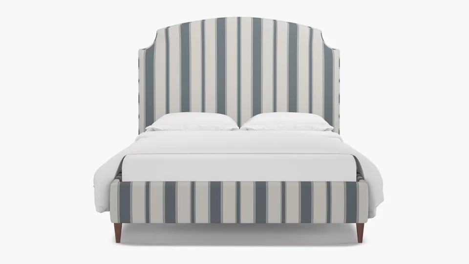 Cove Bed, French Blue Clarence Stripe, Walnut Square Tapered Leg, King