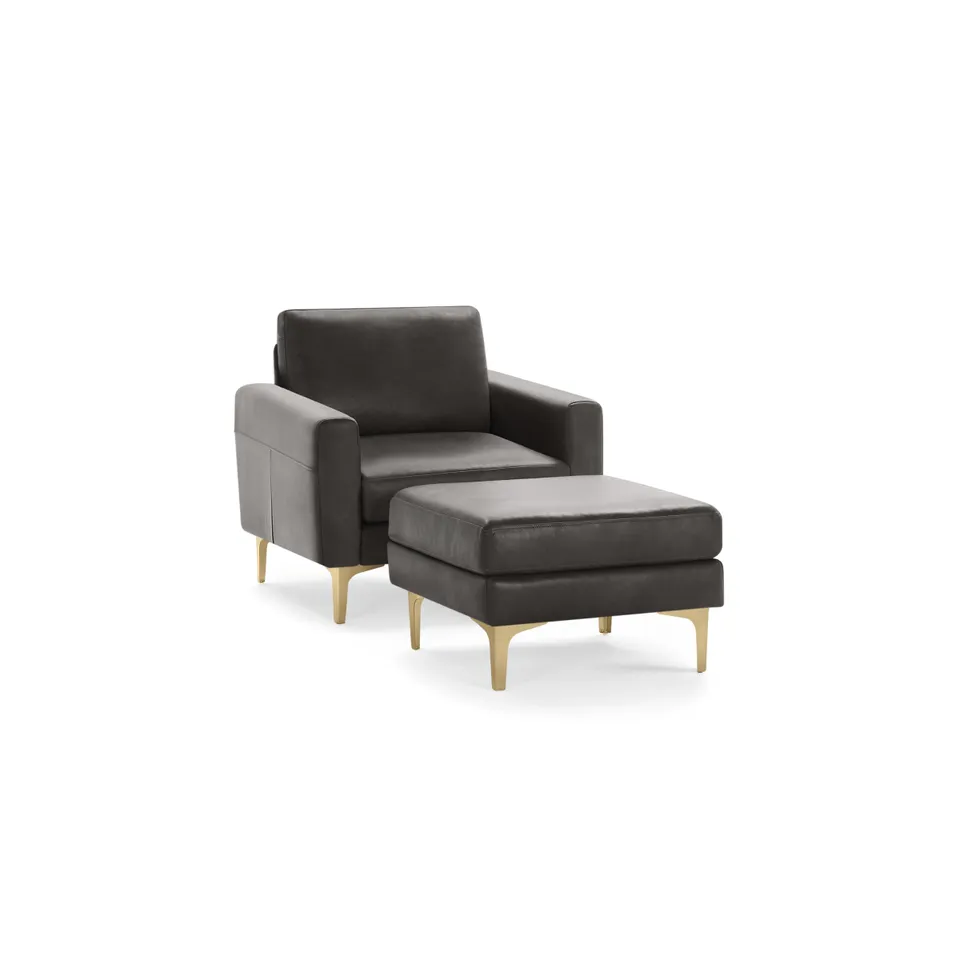 Nomad Leather Club Chair with Ottoman - Slate - Top Grain Leather / Brass - Metal / Block