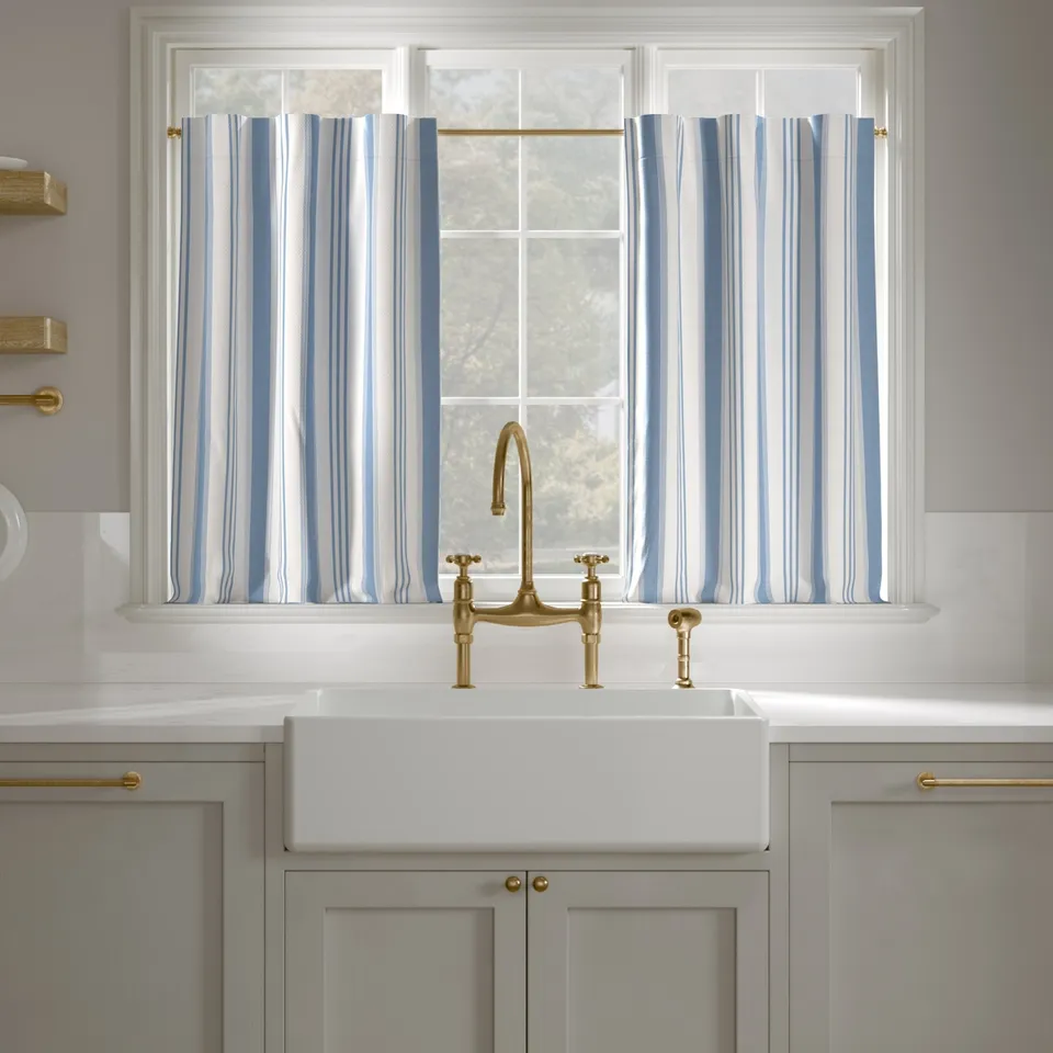 Printed Linen Café Curtain, Cornflower Regency Stripe, 25" x 36", Unlined