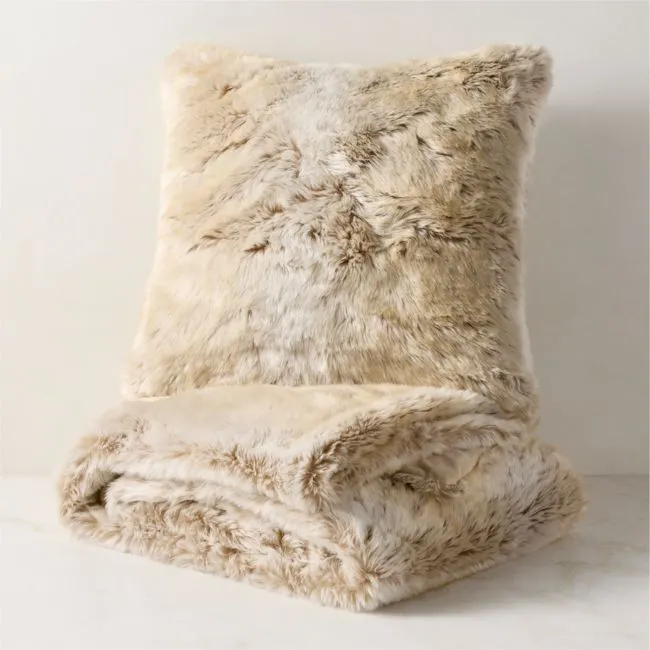 Dorian Warm White and Tan Faux Fur Throw Pillow Cover and Throw Blanket Set