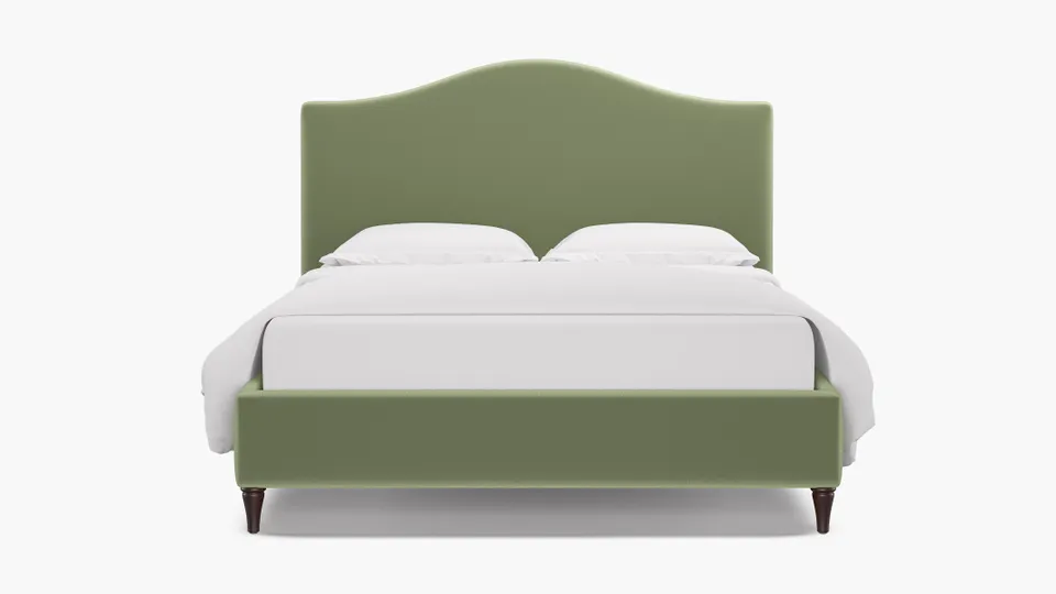 Camelback Bed, Celadon Performance Plush Velvet, Espresso Decorative Tapered Leg, Twin