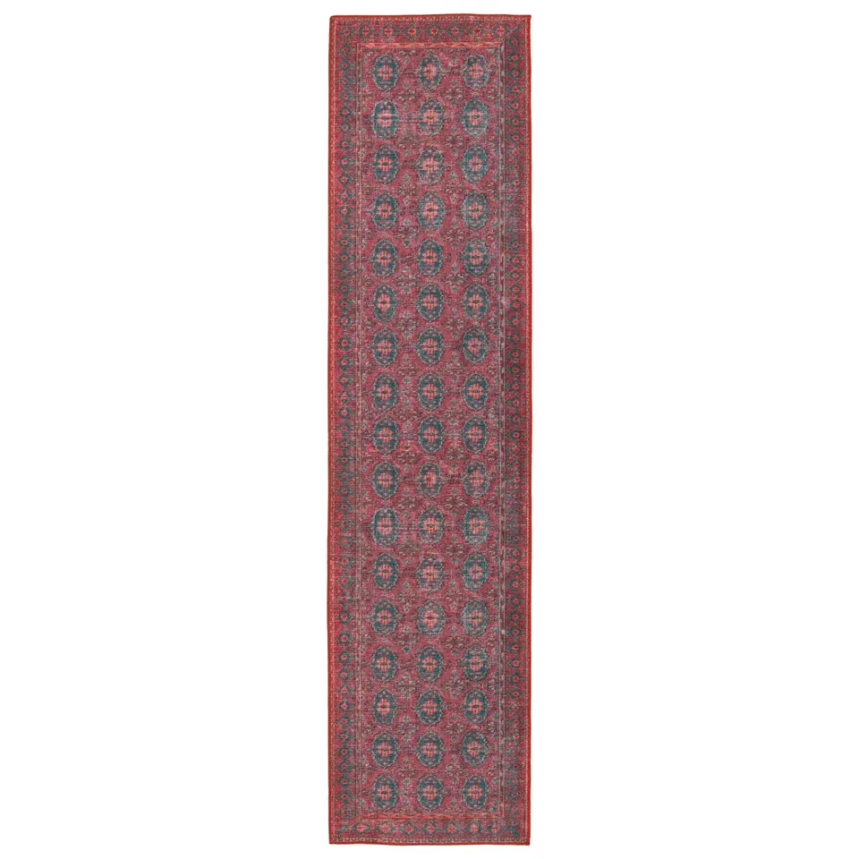 Kate Lester + Kalinar Damask Dark Red/ Blue Runner Rug (2'6"X10')