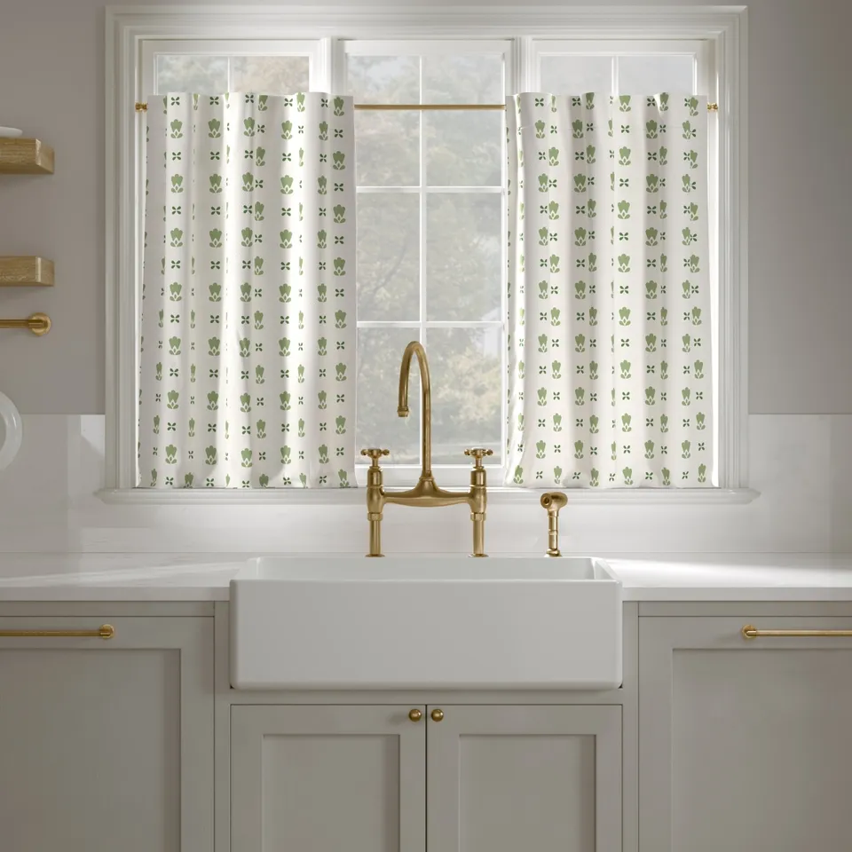 Printed Linen Café Curtain, Jade Mod Fleur, 25" x 30", Unlined