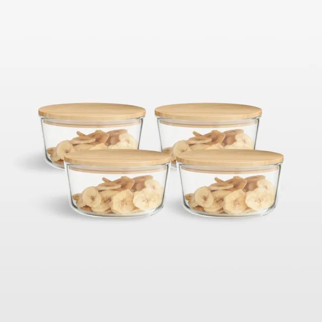 Crate & Barrel Round Glass Storage Container with Bamboo Lid, 4-cup, Set of 4
