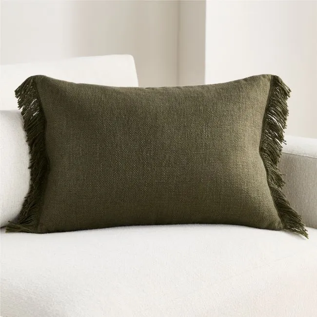 Casual Textured Fringe 24"x16" Burnt Green Throw Pillow Cover with Feather Insert