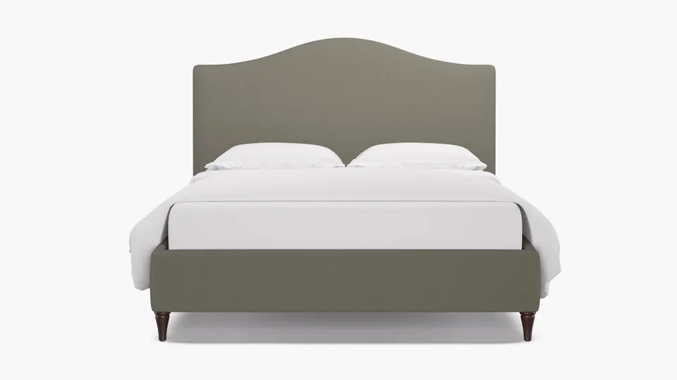 Camelback Bed, Putty Everyday Linen, Espresso Decorative Tapered Leg, Queen