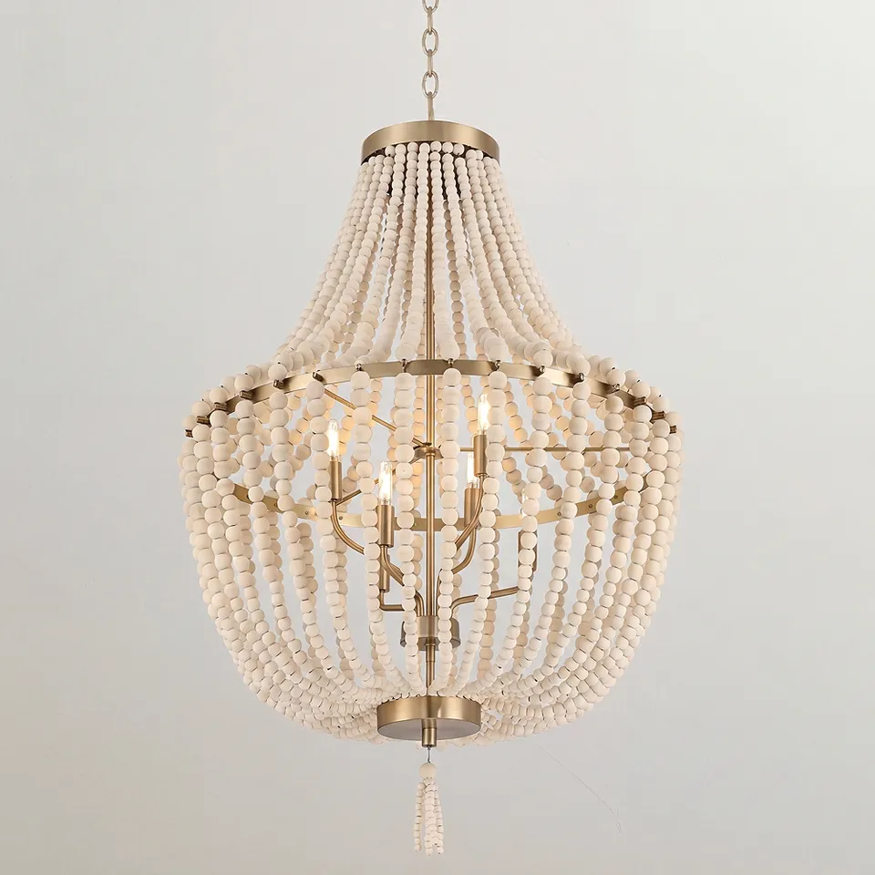 Possini Euro Cordelia 27 3/4" Wide Wood Bead Brass 6-Light Chandelier
