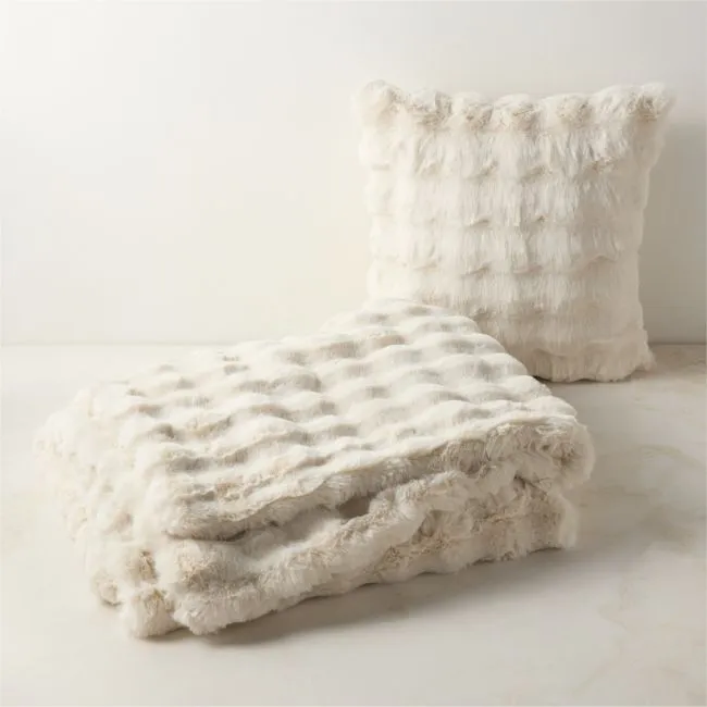 Farleigh Double-Sided Warm White Faux Fur Throw Pillow with Feather-Down Insert and Throw Blanket Set