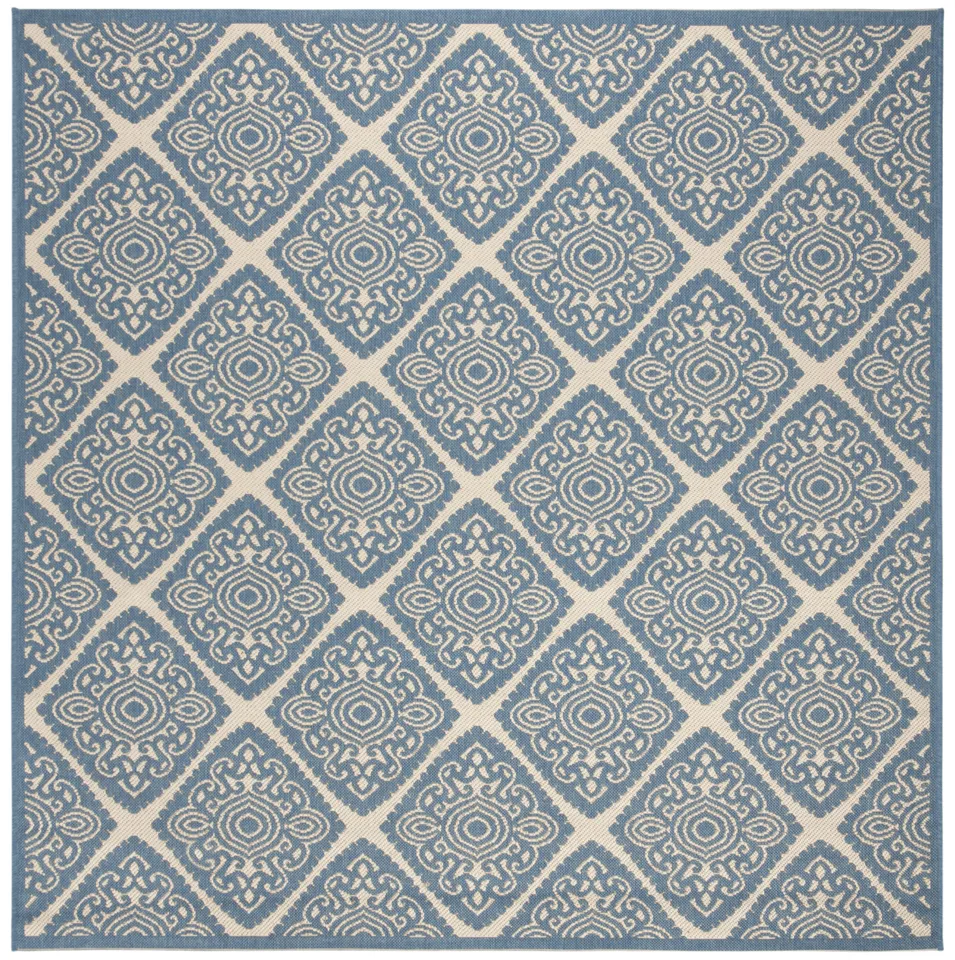Arlo Home Indoor/Outdoor Woven Area Rug, LND132N, Cream/Blue,  6' 7" X 6' 7" Square