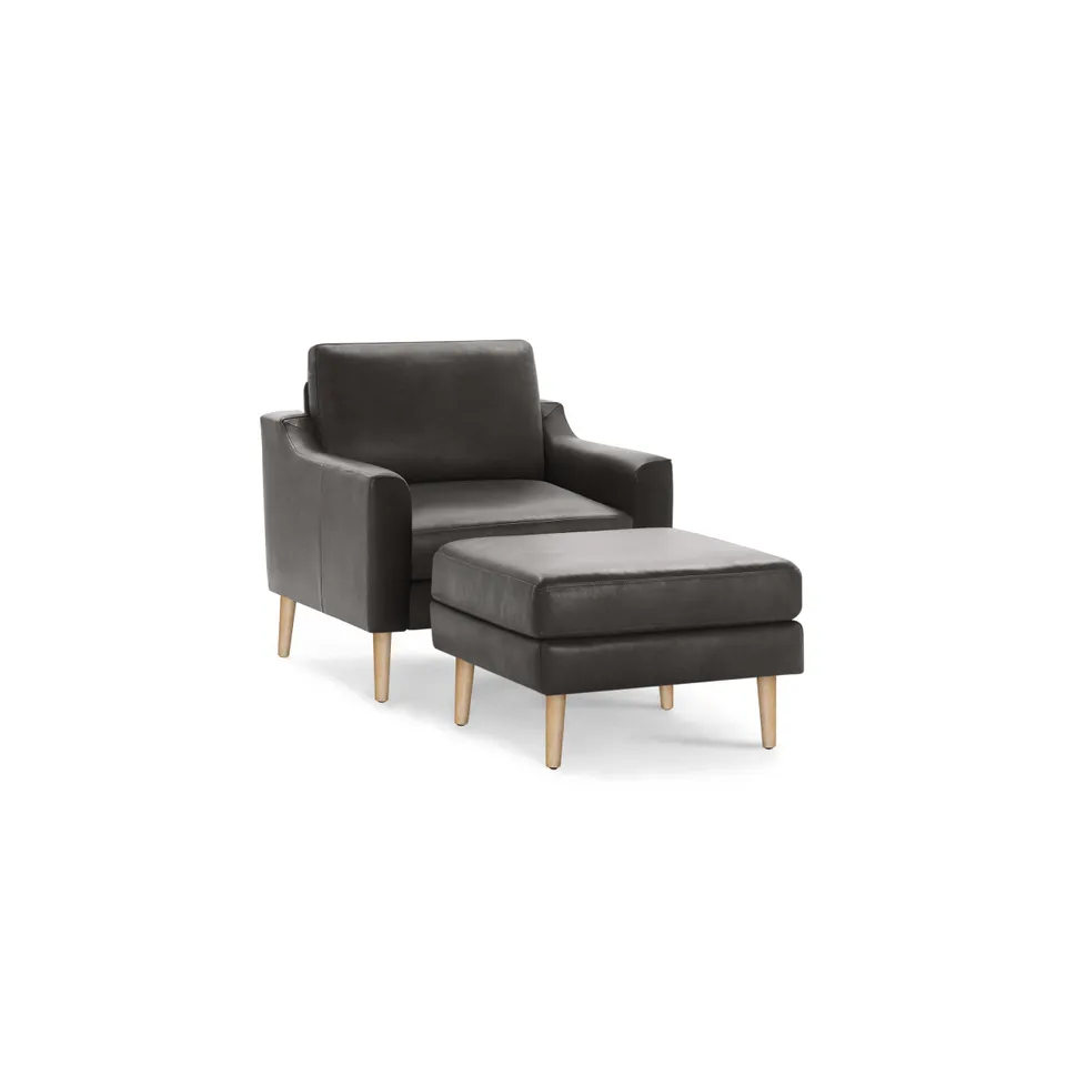 Nomad Leather Club Chair with Ottoman - Slate - Top Grain Leather / Oak - Wood / Slope