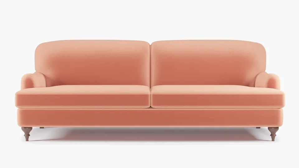 English Roll Arm Sofa, Coral Performance Velvet, Walnut Turned Wood Leg