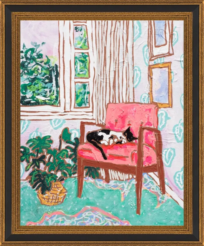 Cat Nap: Tuxedo Cat Napping in Mid-Century Chair by Lara Lee Meintjes for Artfully Walls
