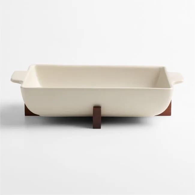 Oven-to-Table Rectangular Baking Dish with Dark Wood Trivet