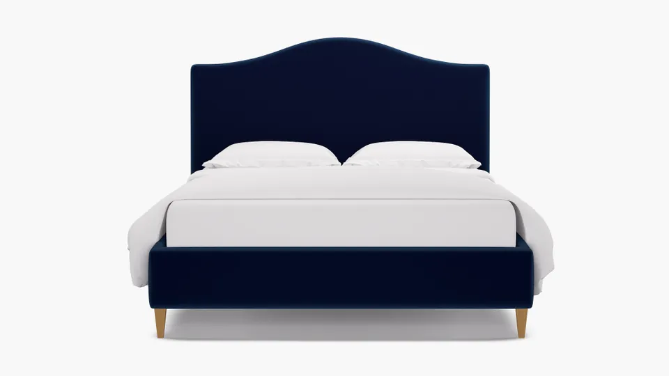 Camelback Bed, Navy Performance Velvet, Natural Square Tapered Leg, Full