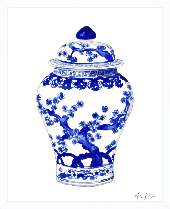 Blue and White China Ginger Jar Vase with Japanese Landscape by Laura Row for Artfully Walls