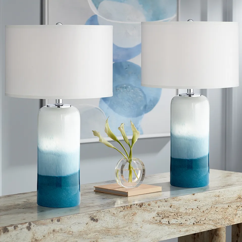 Possini Euro Roxanne 25" White Blue Glass Night Light Lamps Set of 2