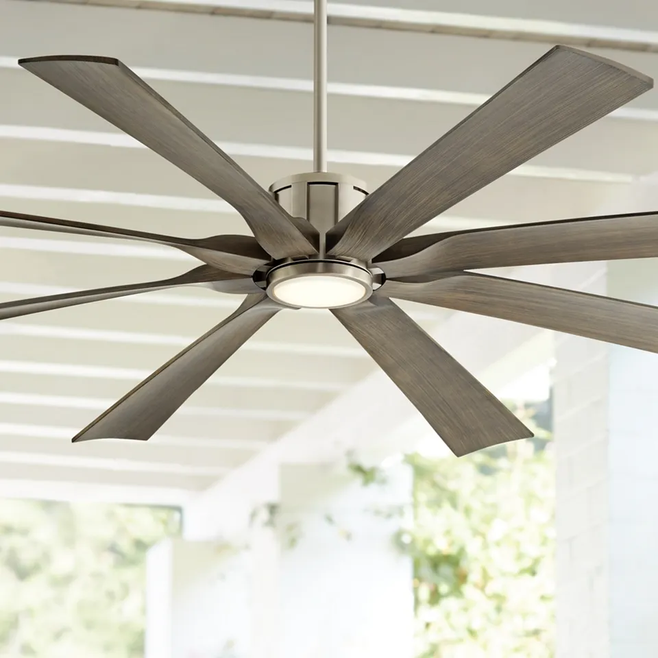 70" Possini Euro Defender Nickel and Oak Damp LED Fan with Remote