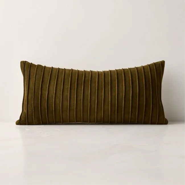Gathered Olive Green Suede Lumbar Pillow Cover 23"x11"
