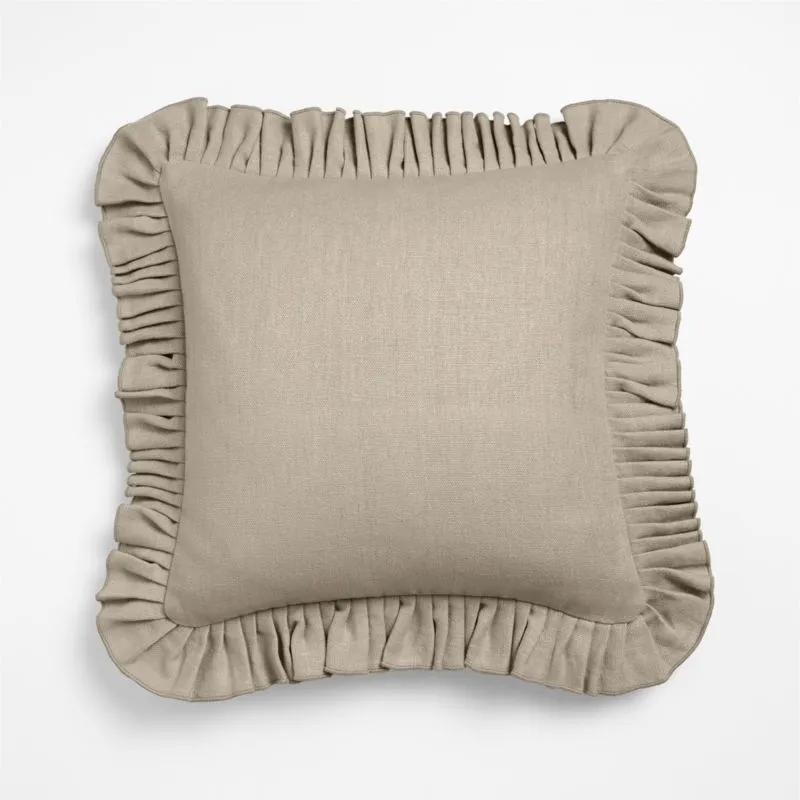 Relaxed Linen Ruffle 20"x20" Natural Taupe Throw Pillow Cover with Feather Insert