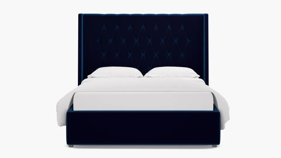 Tufted Wingback Bed, Cobalt Performance Plush Velvet, Queen